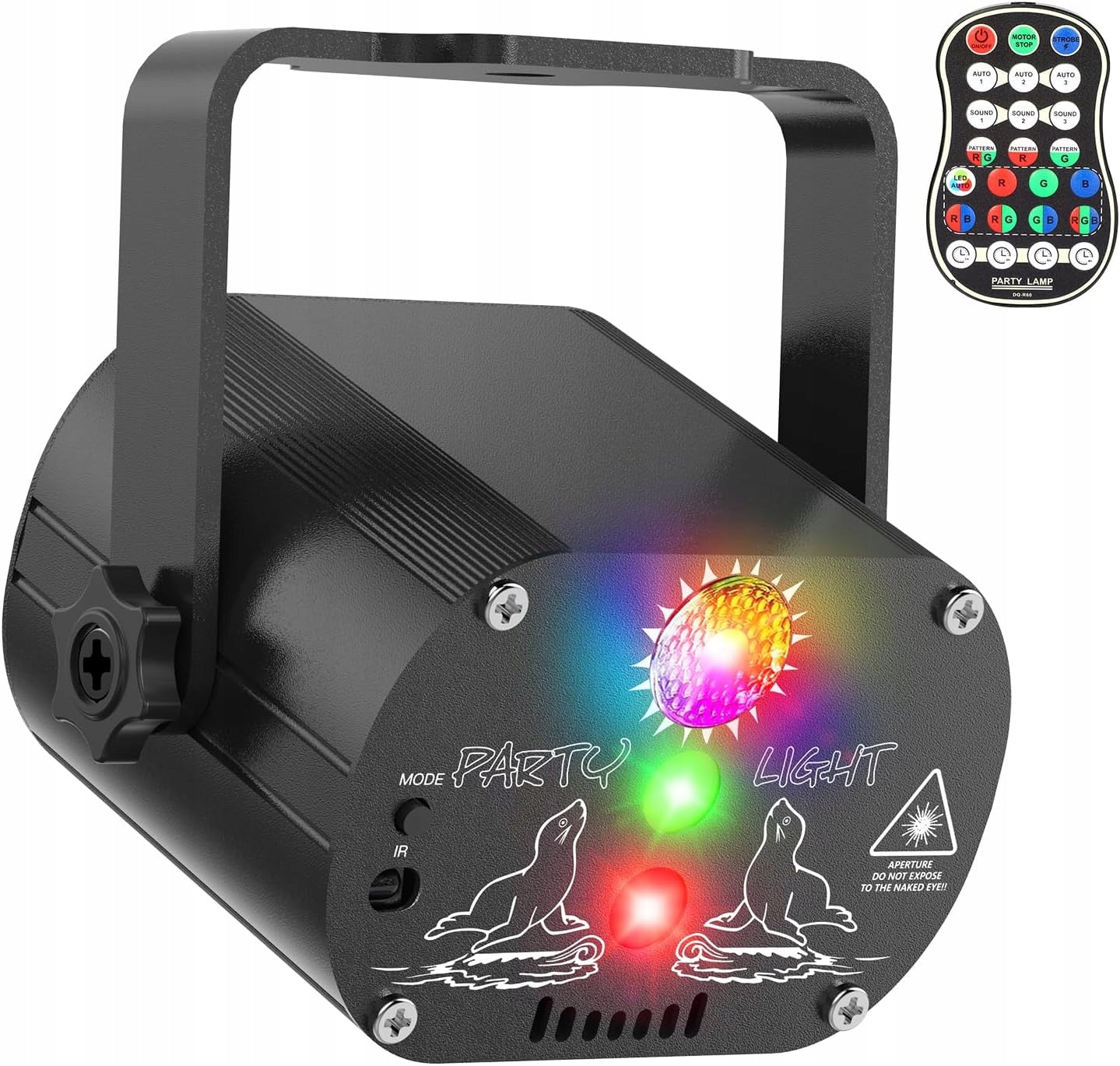 Spalvotas lazerinis diskotekos rutulys su nuotolinio valdymo pulteliu ir 2 baterijomis