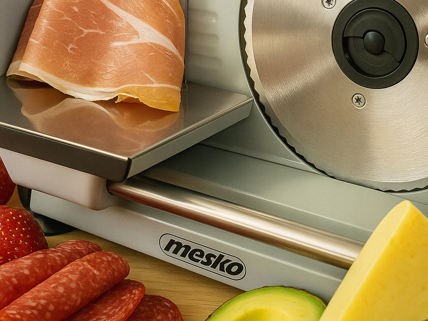 Elektrinė pjaustyklė Mesko MS4704 – duonai, mėsai, sūriui ir daržovėms, 400W, metalinis korpusas, reguliuojamas pjūvis 0–15 mm