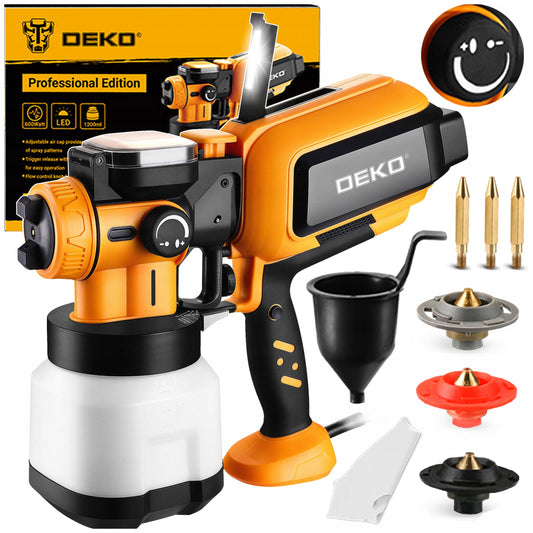 Elektrinis dažymo pistoletas DEKO DKSG60K2 600W su 3 purkštukais, 1.2L bakeliu, HVLP technologija, LED apšvietimu ir pilnu rinkiniu