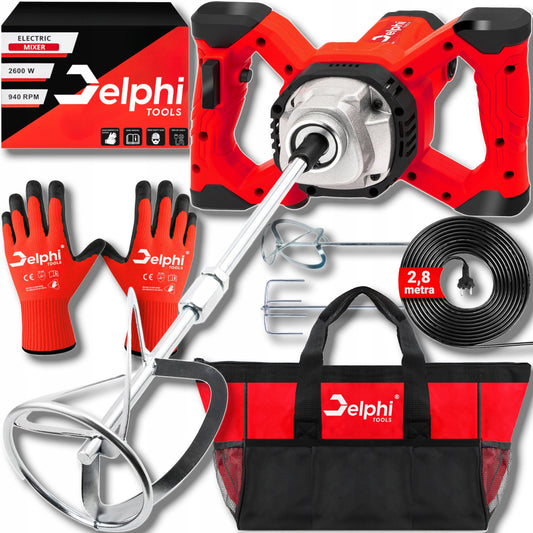 Elektrinis maišytuvas Delphi Tools 2600W – klijų, cemento, tinko ir dažų maišyklei su 2 antgaliais, reguliuojamu greičiu ir pilnu priedų komplektu