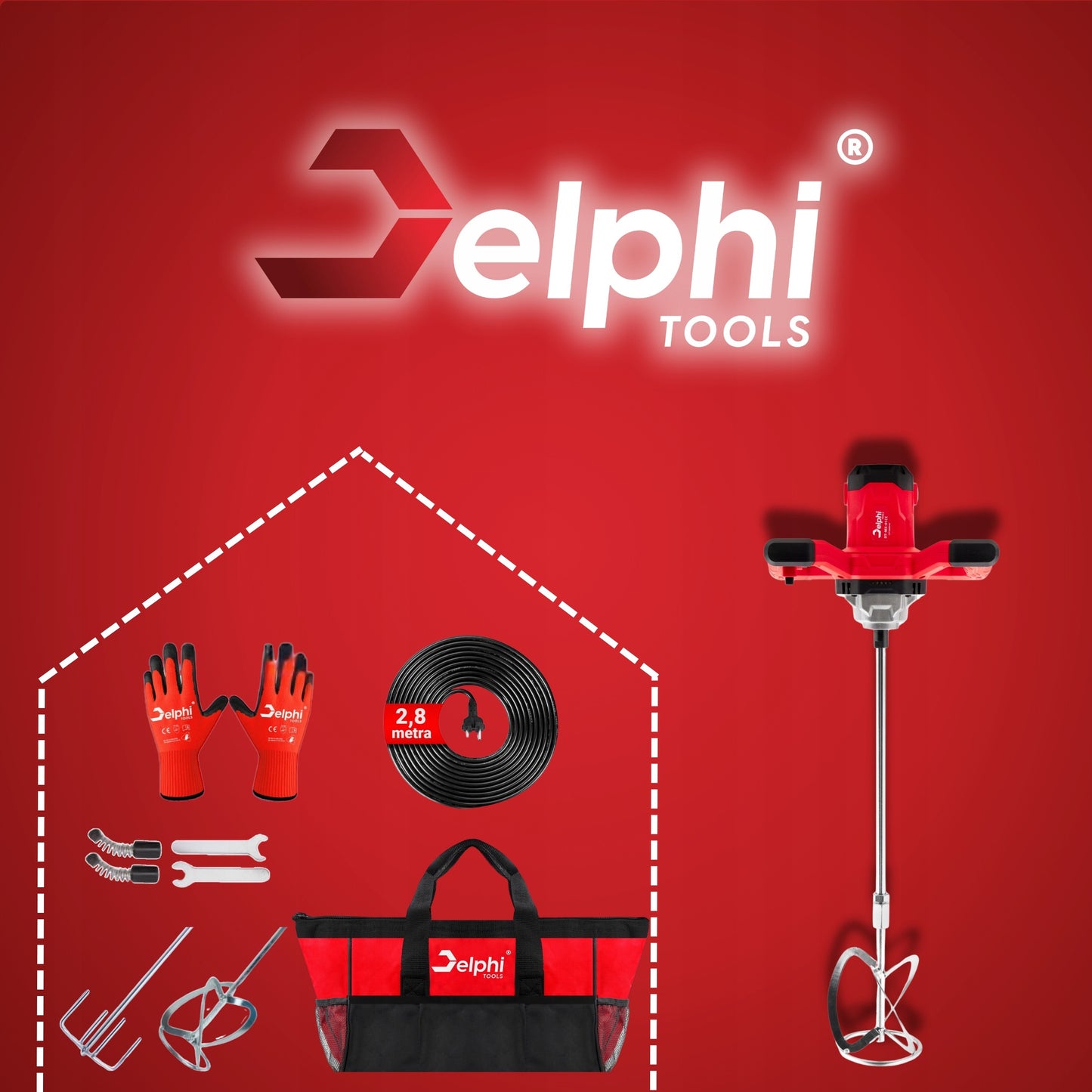 Elektrinis maišytuvas Delphi Tools 2600W – klijų, cemento, tinko ir dažų maišyklei su 2 antgaliais, reguliuojamu greičiu ir pilnu priedų komplektu