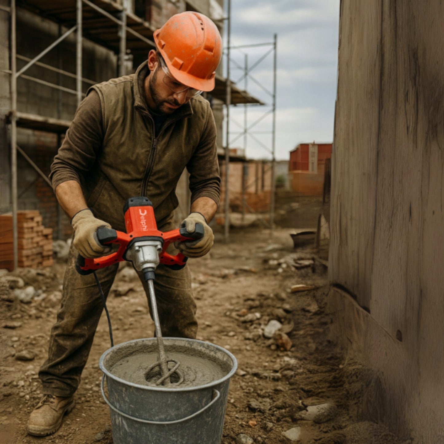 Elektrinis maišytuvas Delphi Tools 2600W – klijų, cemento, tinko ir dažų maišyklei su 2 antgaliais, reguliuojamu greičiu ir pilnu priedų komplektu