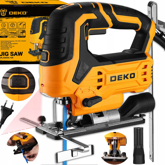 Elektrinis siaurapjūklis DEKO DKJS80XL100 800W su 6 greičiais, lazeriu, LED apšvietimu, dulkių ištraukimu ir kreipiančia liniuote