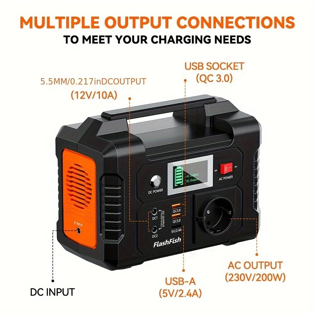 Nešiojama energijos stotelė Flashfish E200 – 200 W, 151 Wh (40800 mAh), su AC, DC ir USB, saulės įkrovimo galimybė