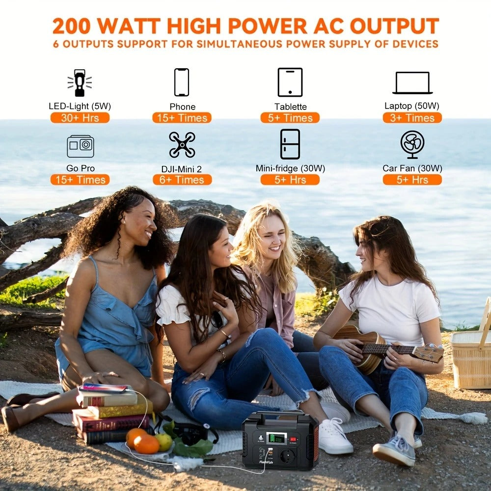 Nešiojama energijos stotelė Flashfish E200 – 200 W, 151 Wh (40800 mAh), su AC, DC ir USB, saulės įkrovimo galimybė