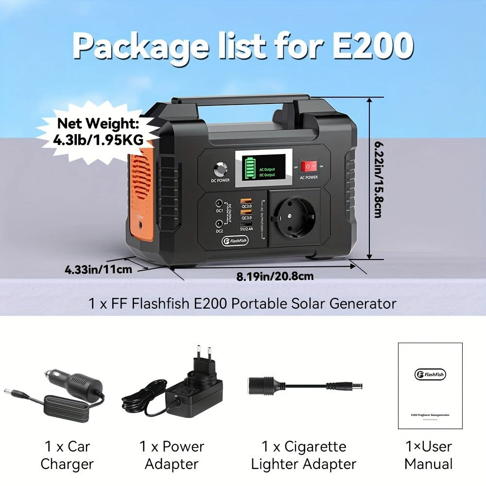 Nešiojama energijos stotelė Flashfish E200 – 200 W, 151 Wh (40800 mAh), su AC, DC ir USB, saulės įkrovimo galimybė
