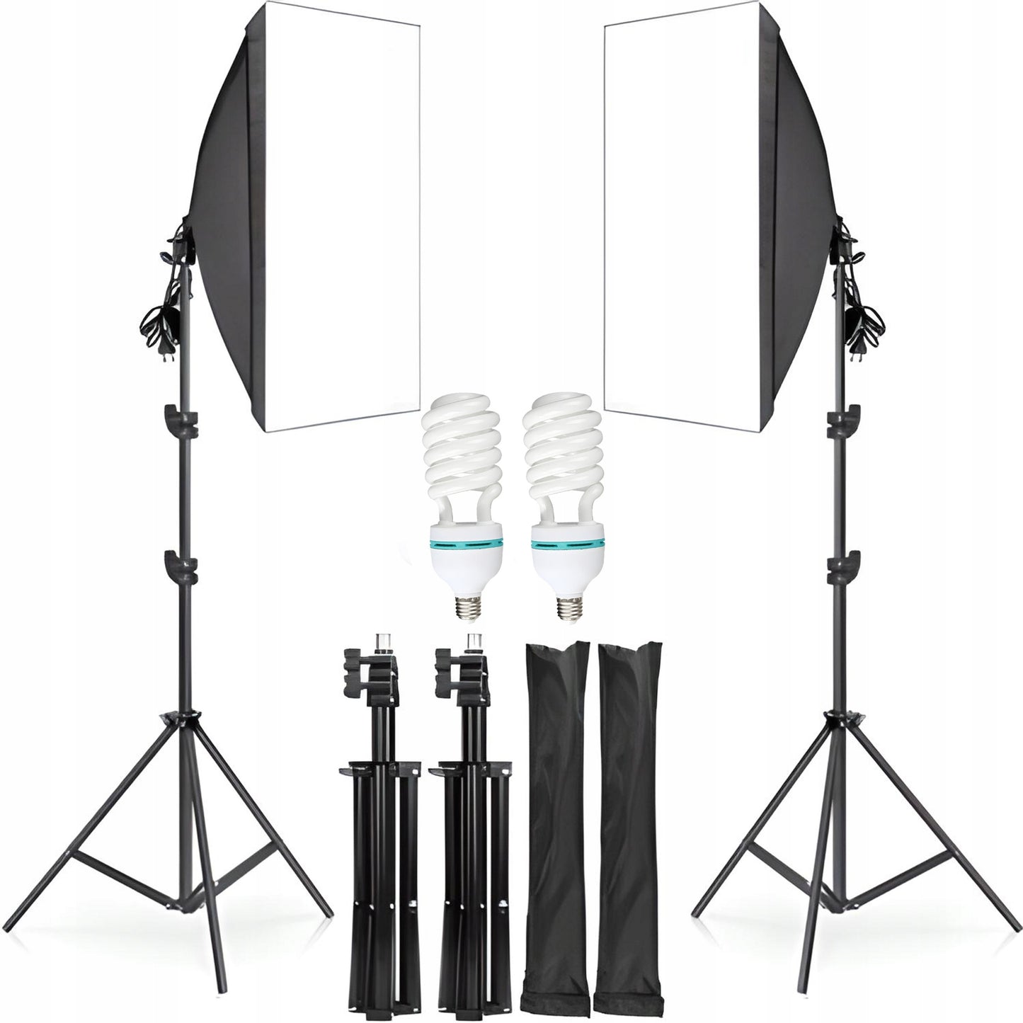 Foto studijos apšvietimo rinkinys su 2 softbox lempomis 135W 5500K ir reguliuojamais trikoju stoveliais Retoo – profesionalus apšvietimas fotografijai ir filmavimui 50x70cm