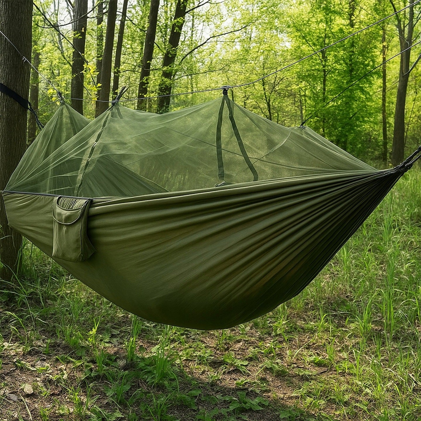 Dvigubas hamakas su uodų tinkleliu 255x140 cm – sodo, stovyklavimo ir išgyvenimo hamakas