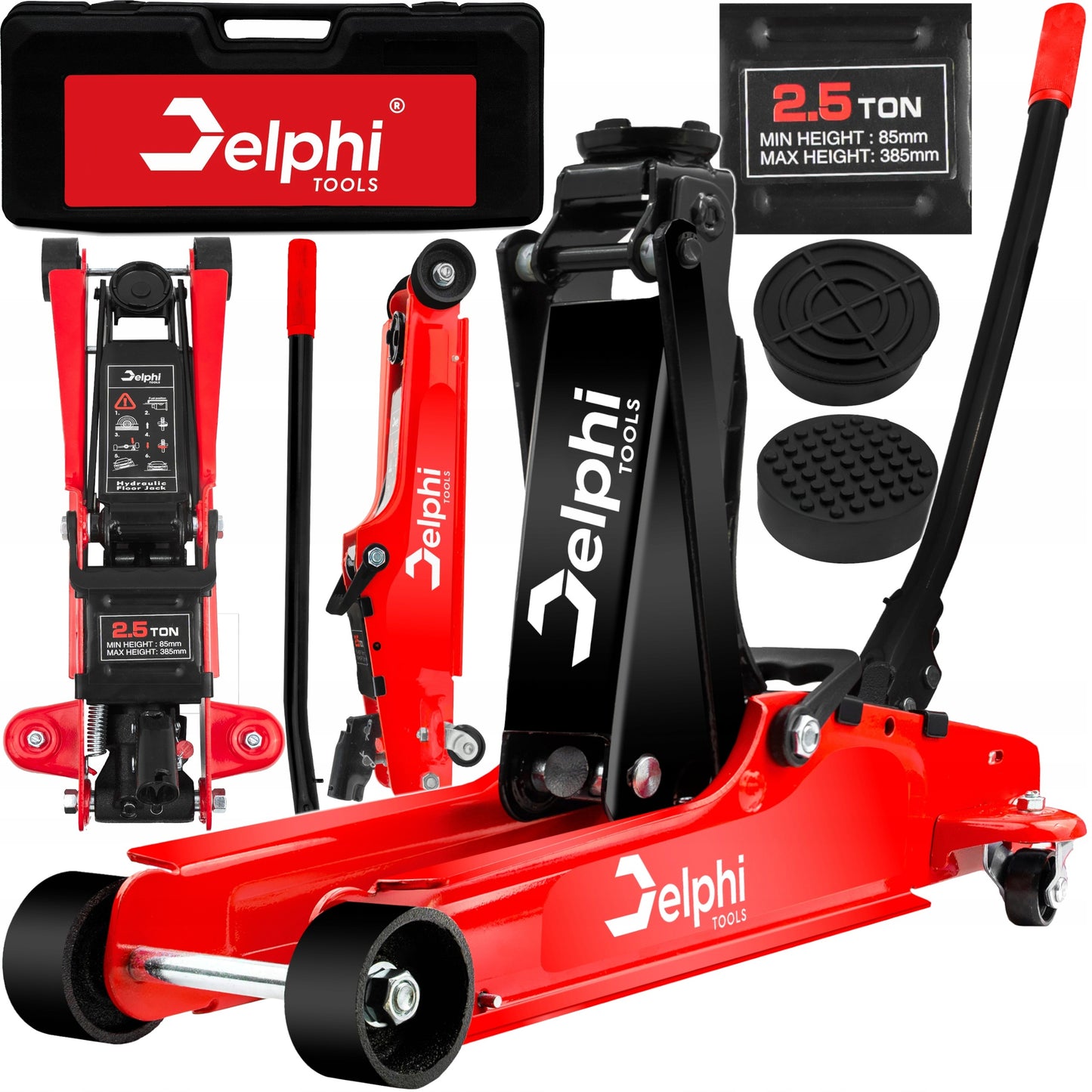 Žemo profilio hidraulinis keltuvas „Žaba“ Delphi Tools 2,5T su guminiais antgaliais, lagaminu ir ratukais manevringam naudojimui