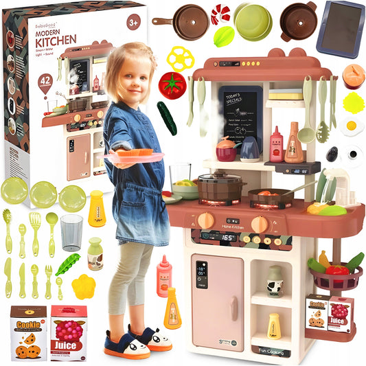 Interaktyvi Vaikiška Virtuvė su Vandens Čiaupu, Garu, Garintuvais ir 42 Priedais