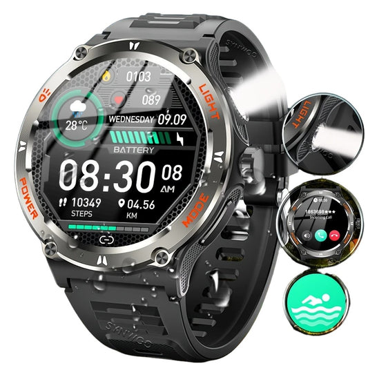 Išmanusis laikrodis vyrams, atsparus vandeniui, smūgiams, dulkėms, su sporto režimais, žingsniamačiu ir streso matavimu