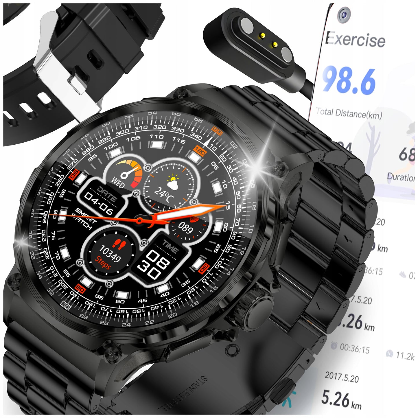 Elegantiškas išmanusis laikrodis vyrams – skambinimas, pranešimai, 710 mAh baterija, 2 dirželiai komplekte