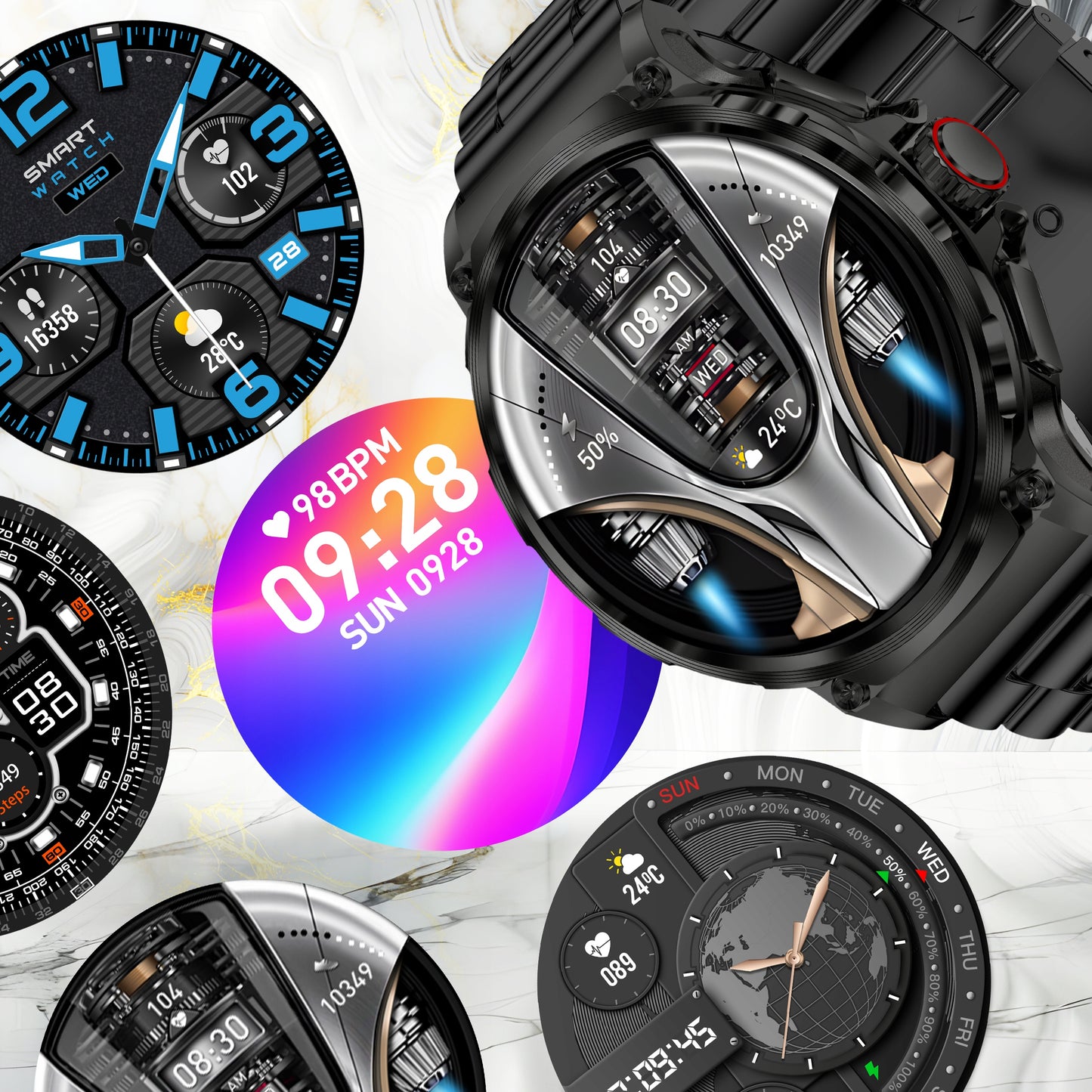 Elegantiškas išmanusis laikrodis vyrams – skambinimas, pranešimai, 710 mAh baterija, 2 dirželiai komplekte