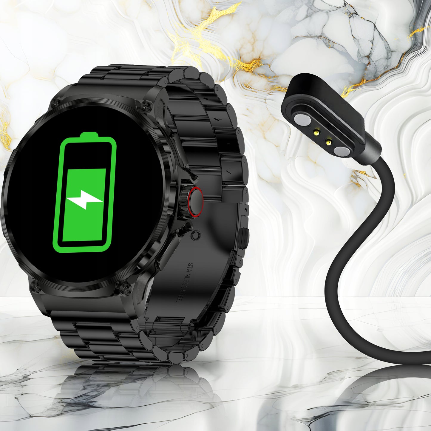 Elegantiškas išmanusis laikrodis vyrams – skambinimas, pranešimai, 710 mAh baterija, 2 dirželiai komplekte