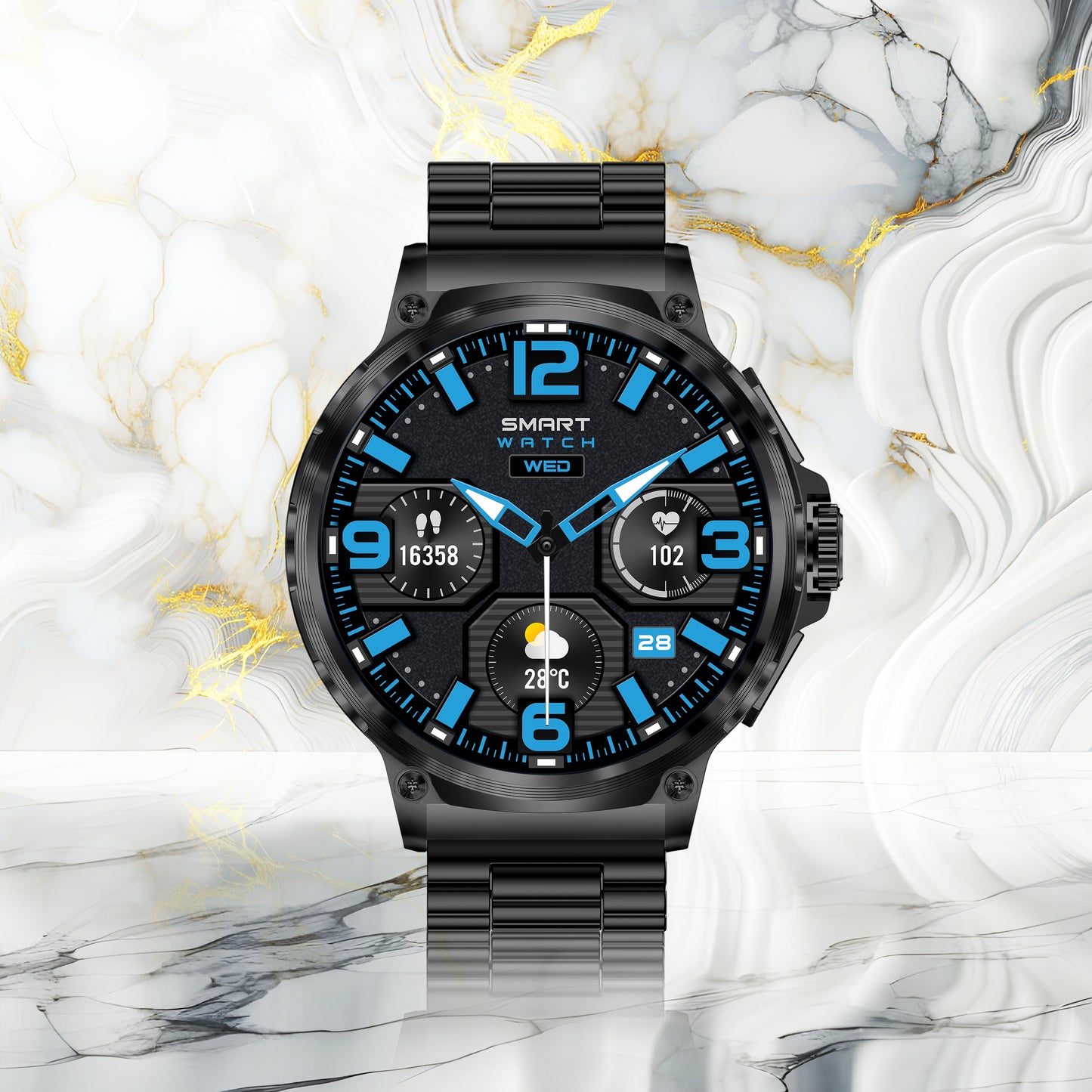 Elegantiškas išmanusis laikrodis vyrams – skambinimas, pranešimai, 710 mAh baterija, 2 dirželiai komplekte