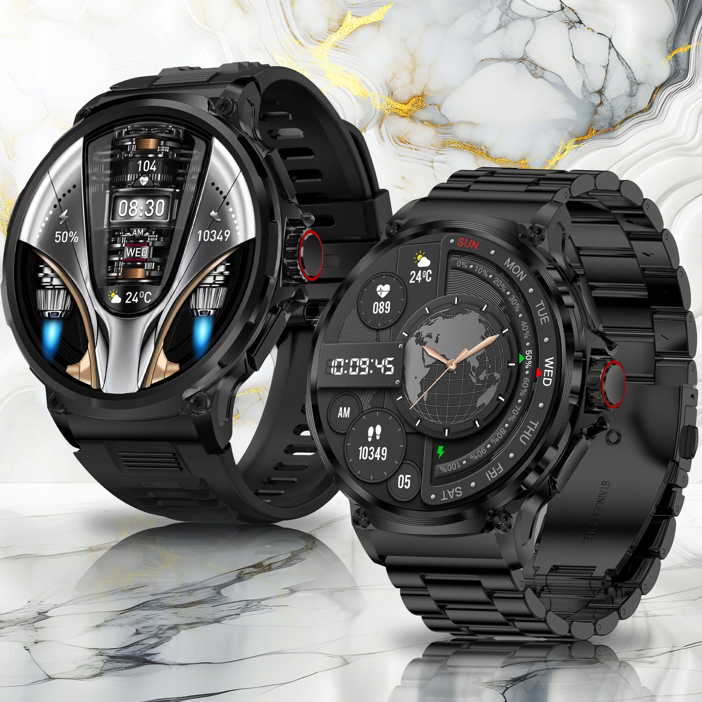 Elegantiškas išmanusis laikrodis vyrams – skambinimas, pranešimai, 710 mAh baterija, 2 dirželiai komplekte
