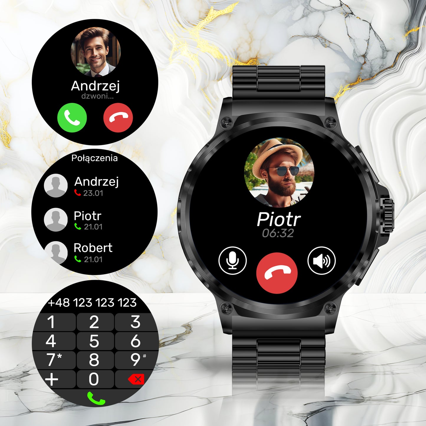 Elegantiškas išmanusis laikrodis vyrams – skambinimas, pranešimai, 710 mAh baterija, 2 dirželiai komplekte