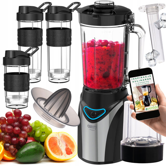 Kokteilių blenderis Camry CR4086 – 1300W, 1,2 L taurė + 3 gertuvės + smulkintuvas + sulčiaspaudė + aušinimo kasetė, trupina ledą