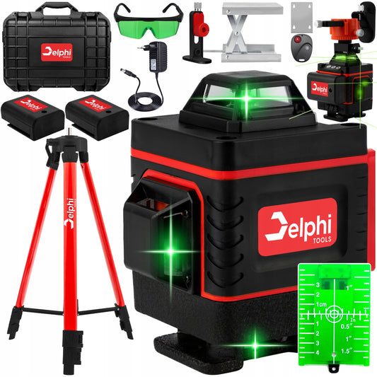 Kryžminis lazerinis nivelyras Delphi Tools 16 linijų 4D 360° su 2 akumuliatoriais, 115 cm aliuminiu trikojų, pulteliu ir pilnu priedų komplektu