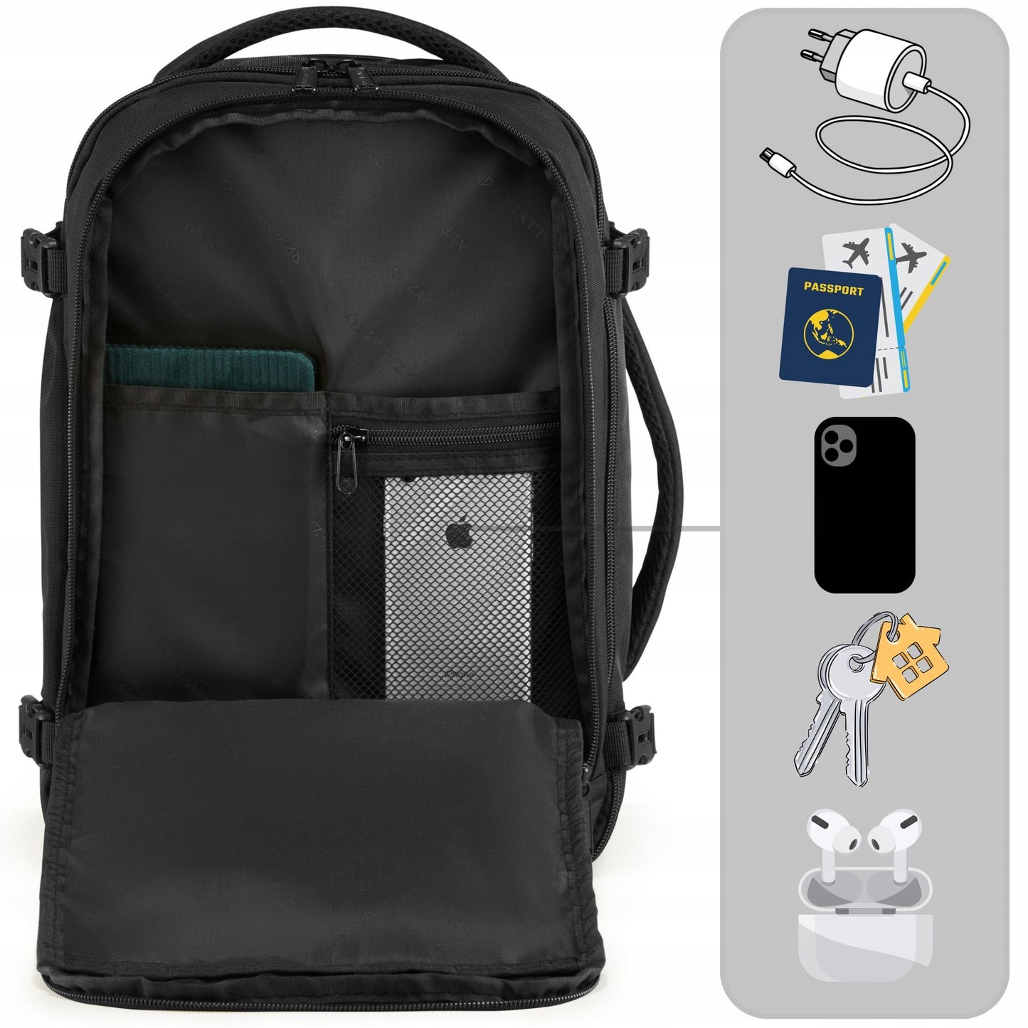 ZAGATTO juoda kelioninė kuprinė lėktuvui 40x25x20 – rankinis bagažas Ryanair Wizzair