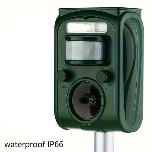 Laukinių gyvūnų atbaidymo prietaisai 2 vnt. su saulės energija, ultragarsiniu ir šviesos signalu, elnių, lapių, kiaunių, seskų, paukščių ir graužikų atbaidymui su judesio jutikliu