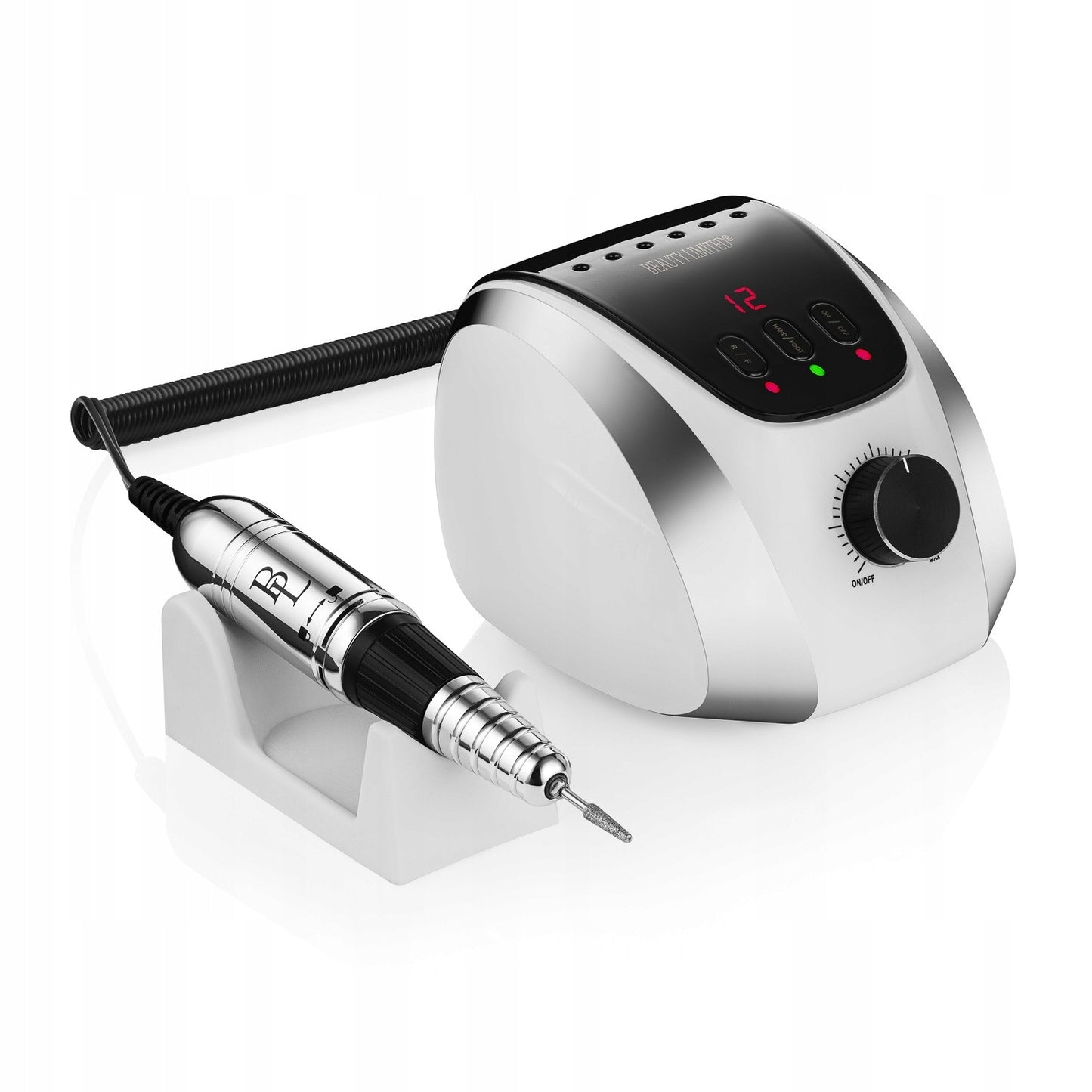 Profesionali nagų freza manikiūrui ir pedikiūrui 65W Beauty Limited Drilly White – su LCD ekranu, Twist-Off, 35000 aps./min.