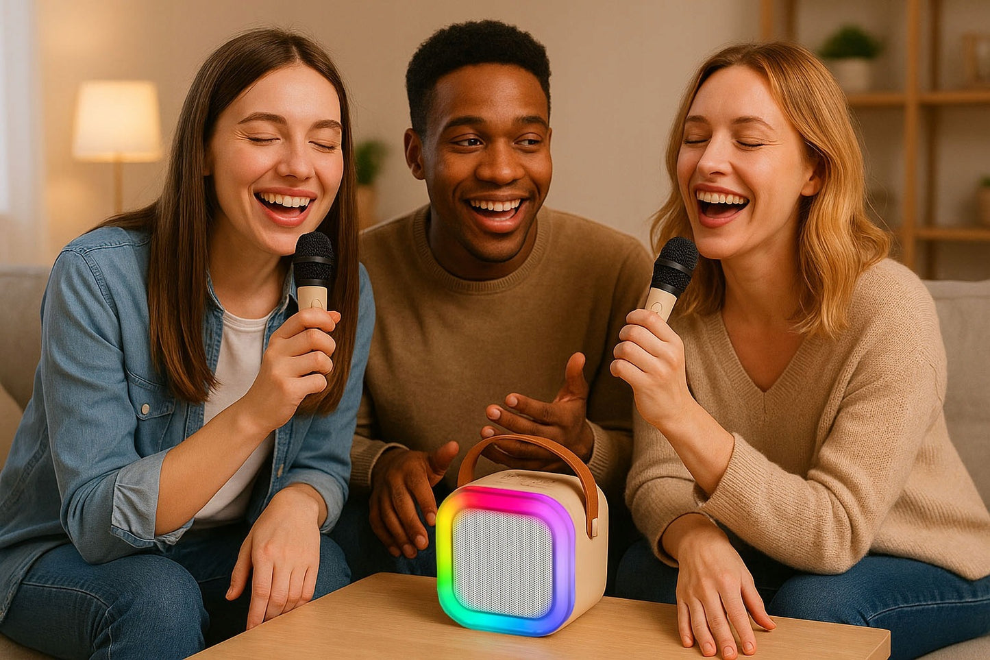 Nešiojama karaoke kolonėlė su dviem mikrofonais, Bluetooth, USB, SD ir RGB apšvietimu