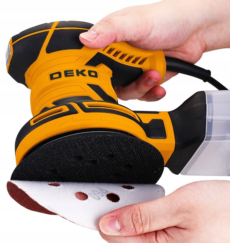Osciliacinė ekscentrinė šlifuoklė DEKO DKOS32XL125 320W su dulkių surinkimo konteineriu ir 16 švitrinių diskų rinkiniu – elektrinė 125mm šlifuoklė medžiui ir metalui