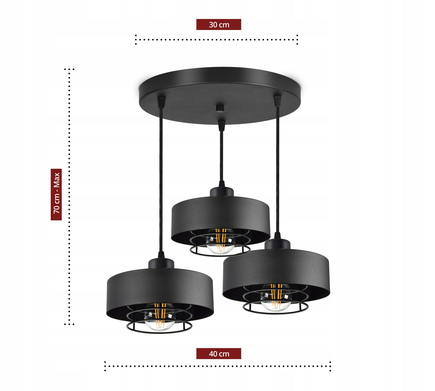 Pakabinamas juodas loft stiliaus šviestuvas su reguliuojamu aukščiu, E27 lizdas, metalinis 70 cm