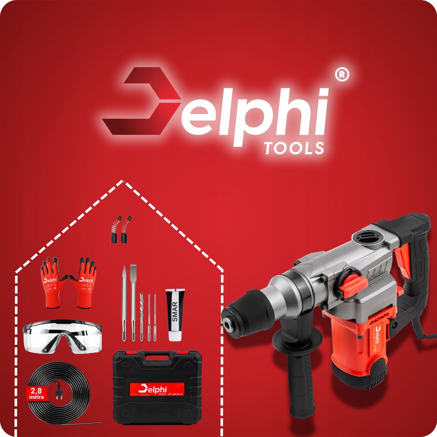 Perforatorius Delphi Tools SDS+ 2200W su 3 funkcijomis, kaltu ir grąžtų rinkiniu lagamine – galingas smūginis gręžtuvas betonavimui, medžiui ir metalui