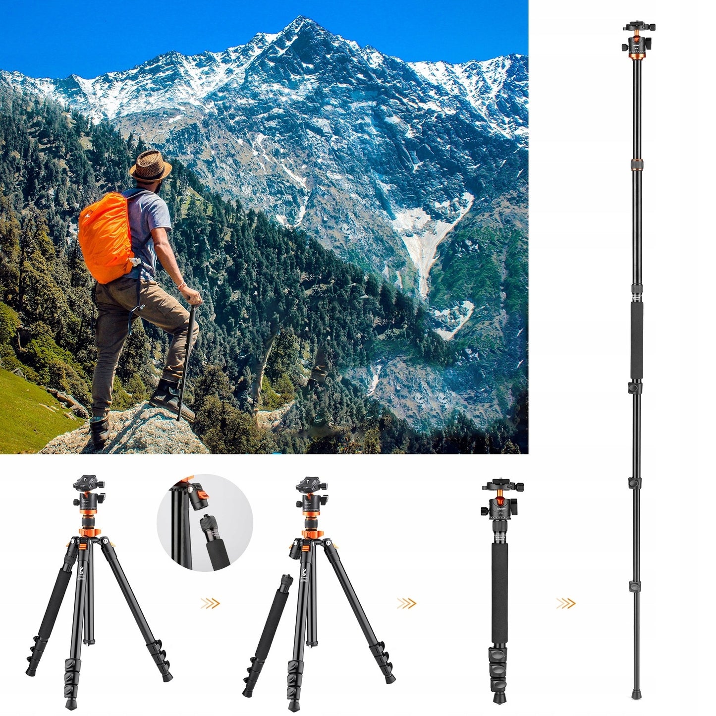 Profesionalus aliuminio trikojis su monopodu K&F Concept K254A3 175 cm – lengvas, tvirtas, su 360° panoramine galva ir makro fotografijos funkcija