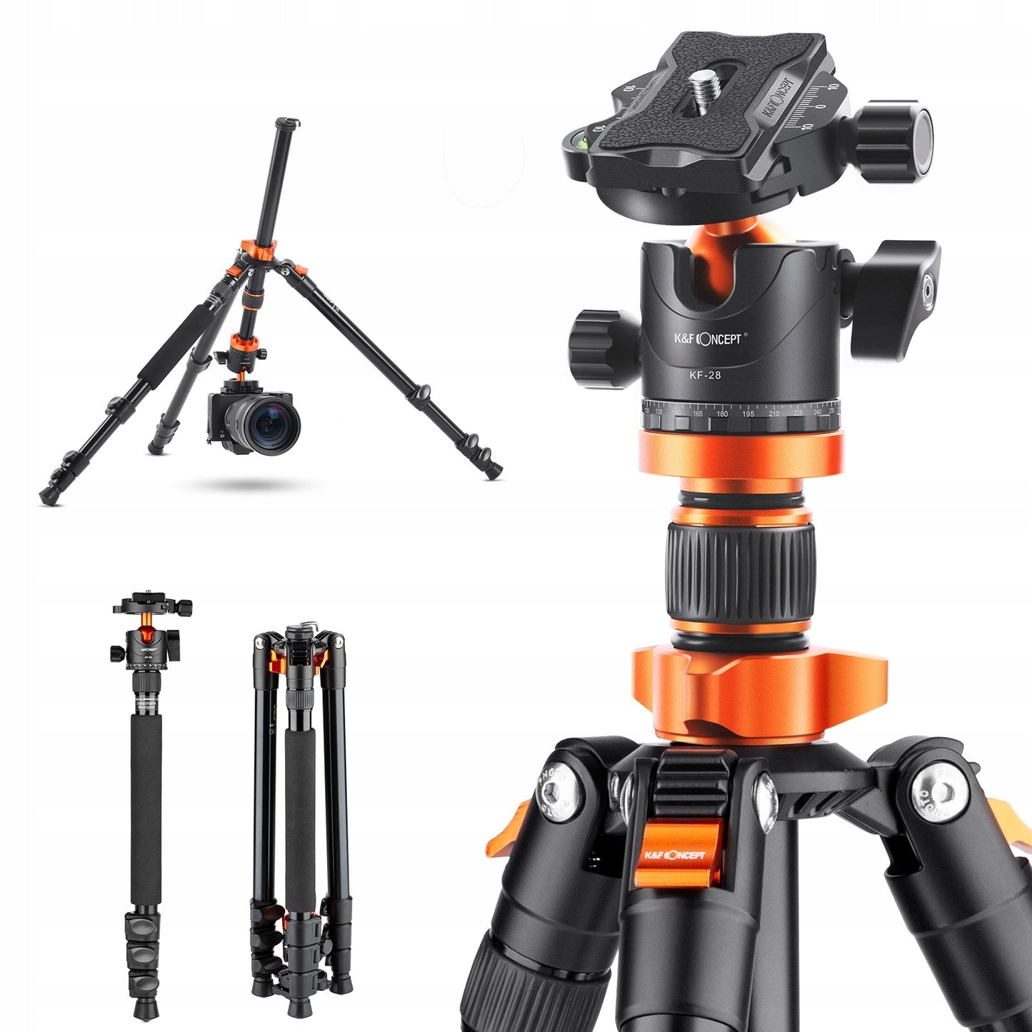Profesionalus aliuminio trikojis su monopodu K&F Concept K254A3 175 cm – lengvas, tvirtas, su 360° panoramine galva ir makro fotografijos funkcija
