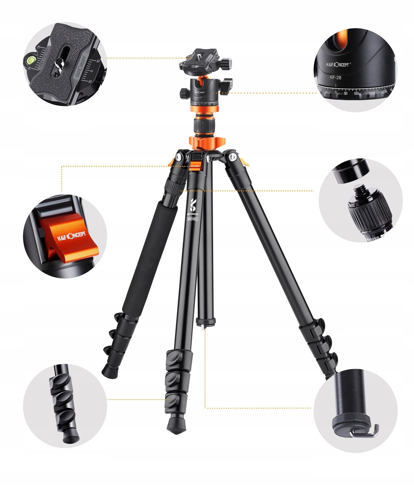 Profesionalus aliuminio trikojis su monopodu K&F Concept K254A3 175 cm – lengvas, tvirtas, su 360° panoramine galva ir makro fotografijos funkcija