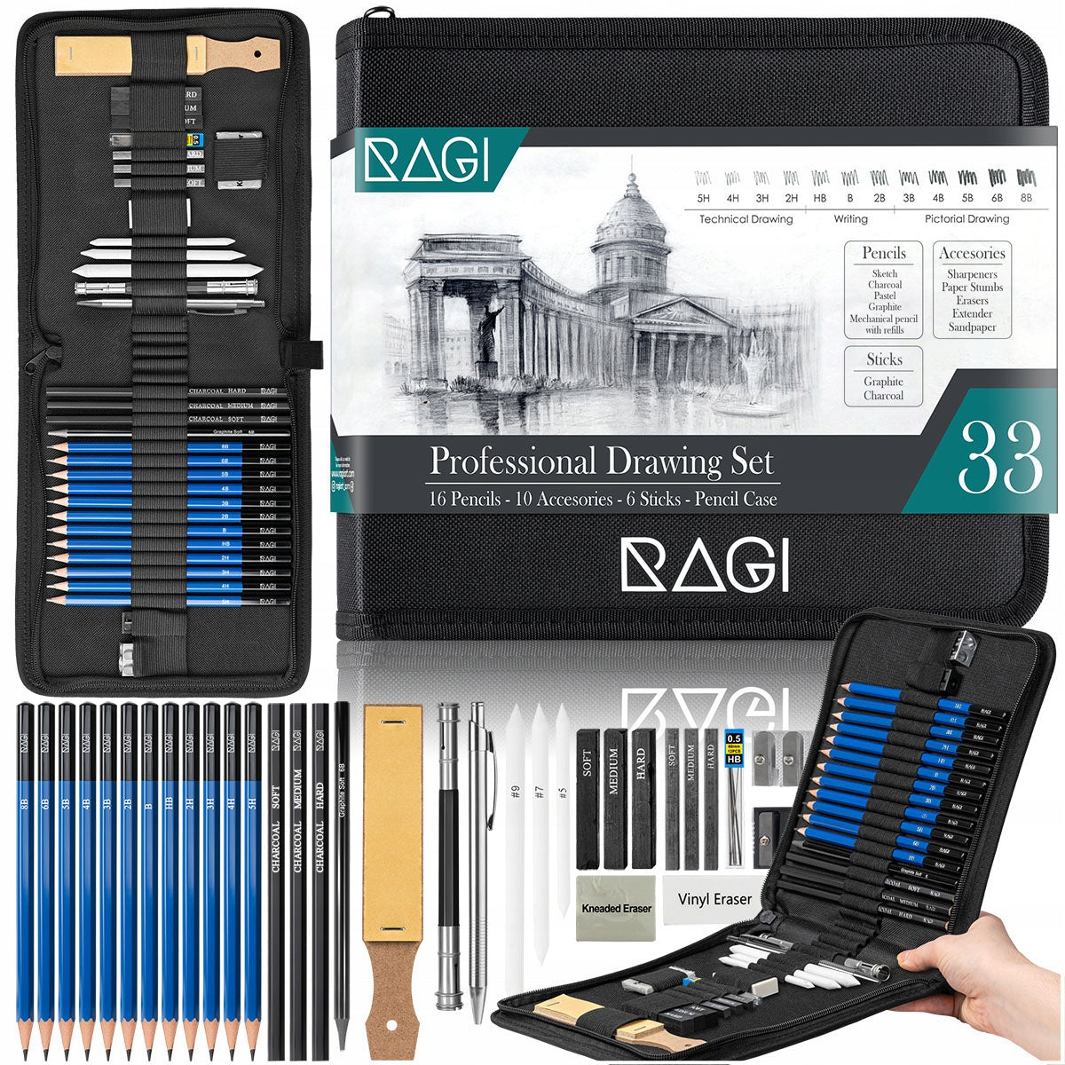 Profesionalus Piešimo ir Eskizavimo Pieštukų Rinkinys 33in1 –