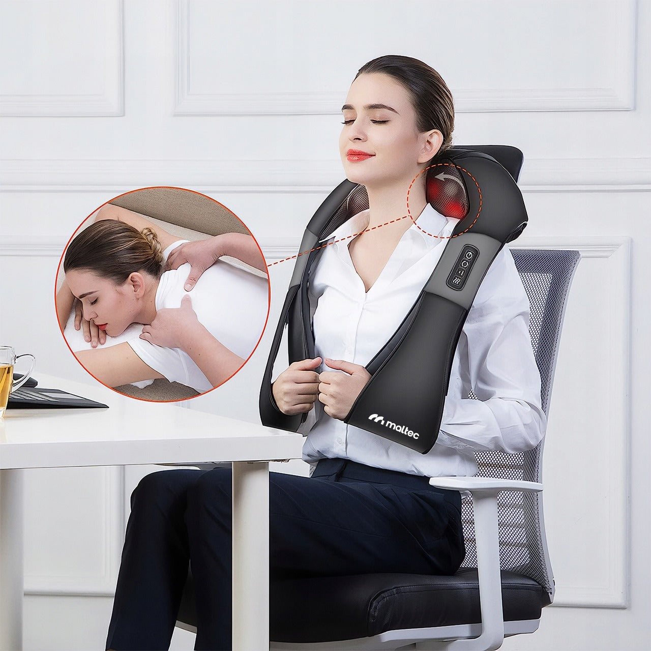 Kaklo ir nugaros masažuoklis su šildymu MalTec PRO-Comfy30W-02 – masažas namuose, darbe ir automobilyje