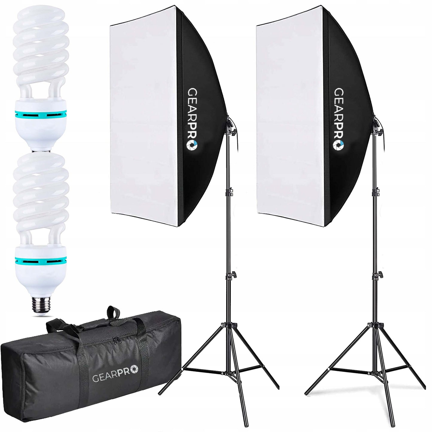 Profesionalus 2x Softbox apšvietimo rinkinys fotografijai ir filmavimui 600W 50x70cm su stovu ir transportavimo krepšiu – GearPro
