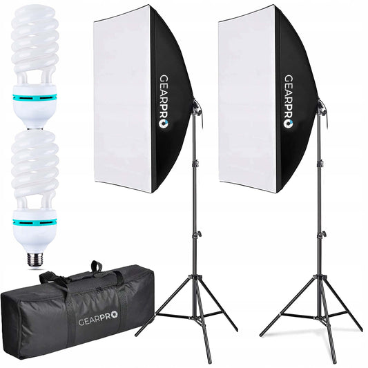 Profesionalus 2x Softbox apšvietimo rinkinys fotografijai ir filmavimui 600W 50x70cm su stovu ir transportavimo krepšiu – GearPro