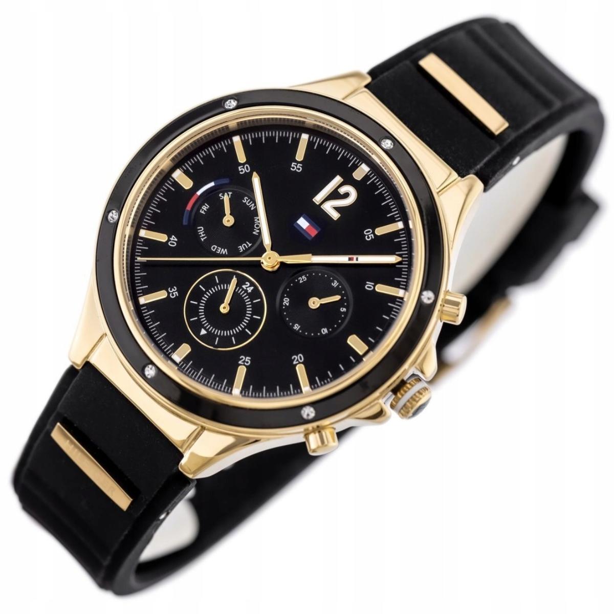 Tommy Hilfiger 1782282 Eve moteriškas laikrodis – juodas silikoninis dirželis, auksinis korpusas, su data ir 24h indikacija + dėžutė