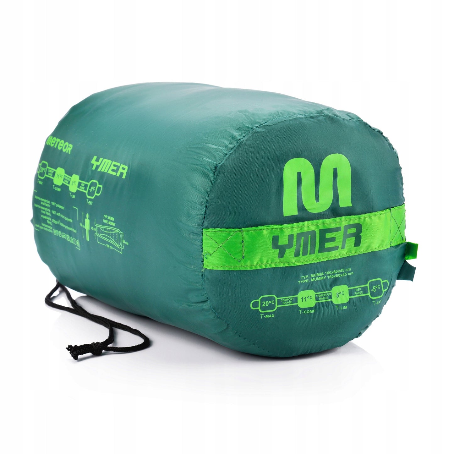 Vaikiškas miegmaišis Meteor Ymer (130+30)x60/40 cm su dėklu kompaktiškas mumijos tipo žalias