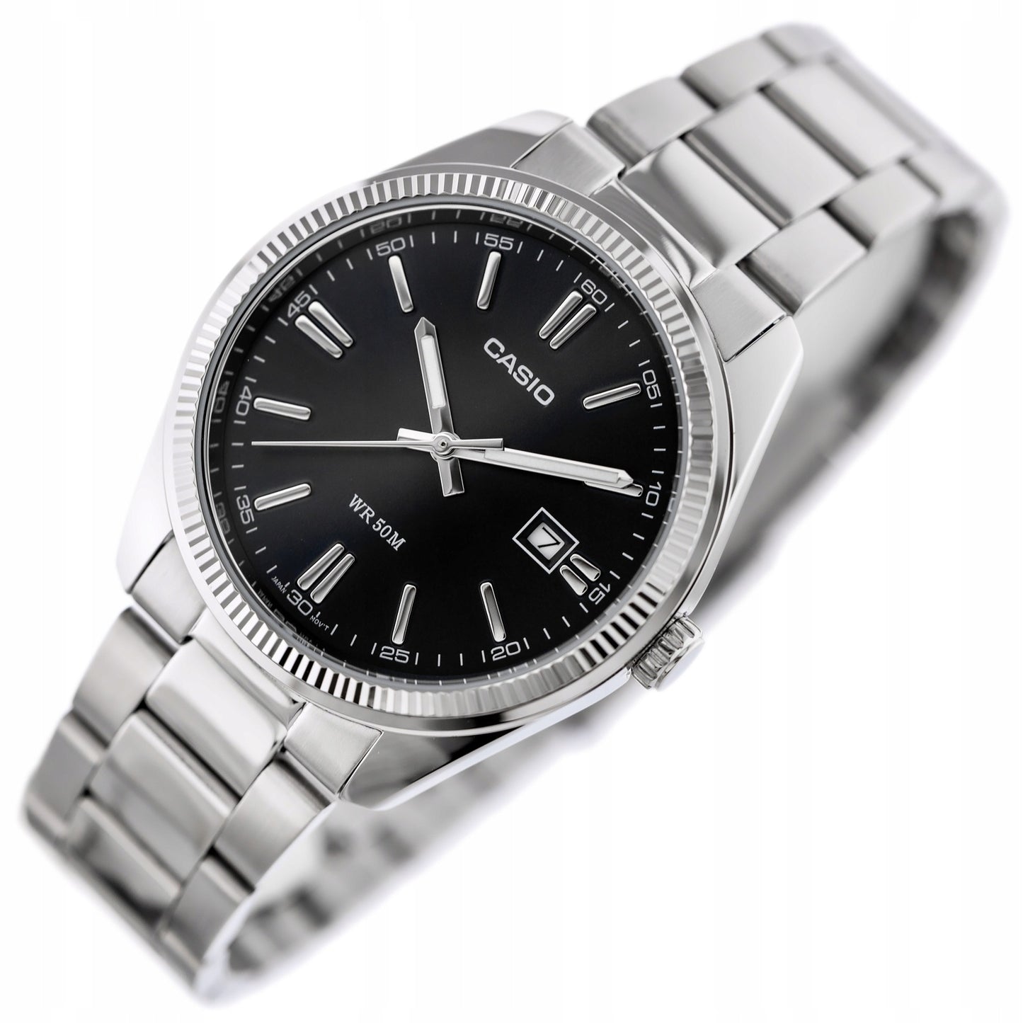 Vyriškas laikrodis Casio MTP-1302PD-1A1VDF juodas ciferblatas, sidabrinė nerūdijančio plieno apyrankė, atsparus vandeniui 50M su dėžute