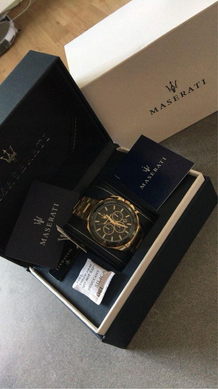 Vyriškas laikrodis Maserati Traguardo R8873612041 auksinis nerūdijančio plieno chronografas su juodu ciferblatu, atsparus vandeniui 100M, originali dėžutė