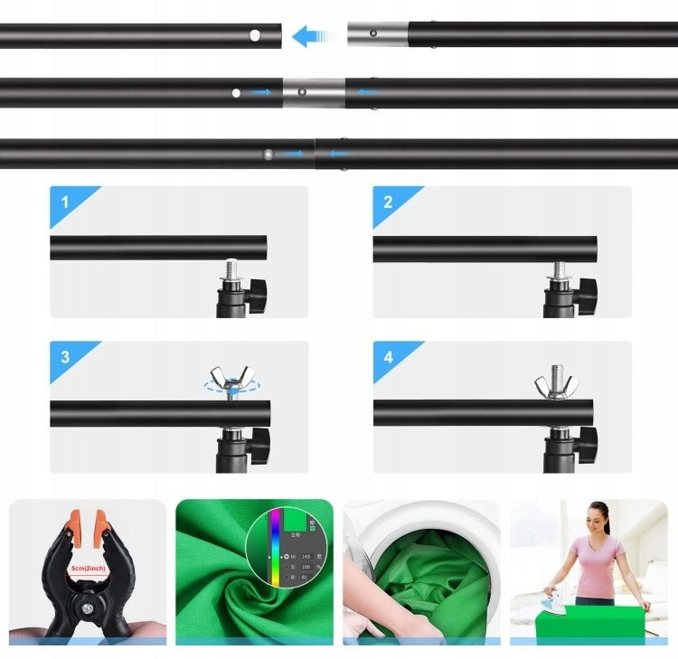 Žalias fonas su stovu 2x2 m | Green screen fotografijai, video filmavimui, vlogams, konferencijoms