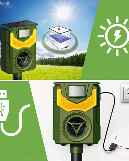 Saulės energija veikiantis paukščių, kačių ir laukinių gyvūnų repelentas su judesio jutikliu