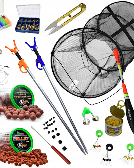 Žvejybos rinkinys 2x meškerė 2x ritė KREPŠYS Tinklas Stovai Granulės Aksesuarai