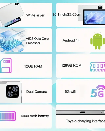 10.1 colio planšetė su Android 14, 12GB RAM, 128GB ROM ir 5G WiFi