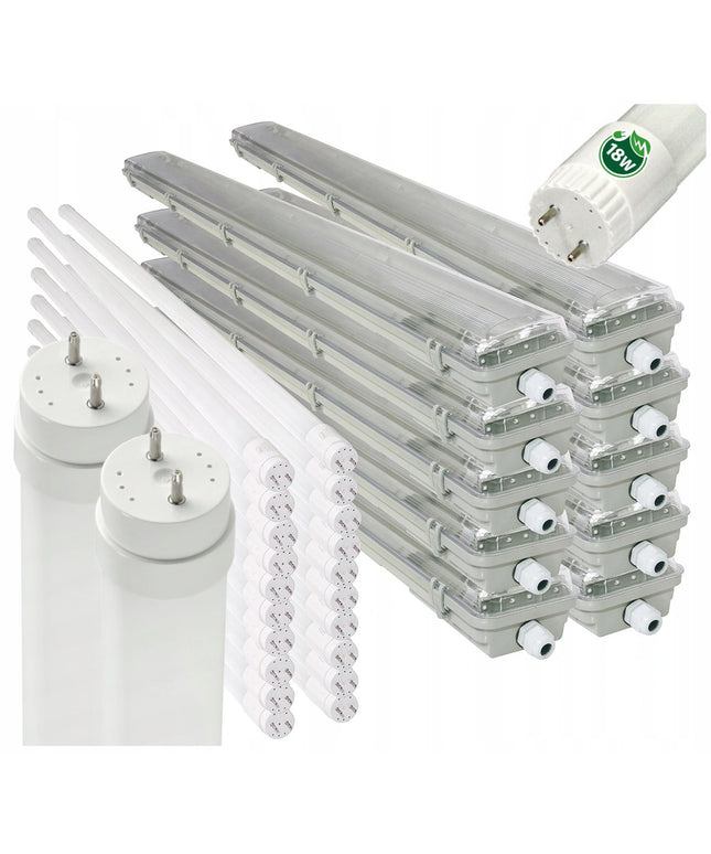 10x Hermetinis Šviestuvas 120cm lempos + 20x LED Tūbelės Garažui
