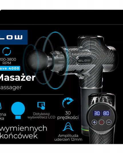BLOW Wave 4000 profesionalus kūno ir nugaros masažo pistoletas su 10 masažinių galvučių