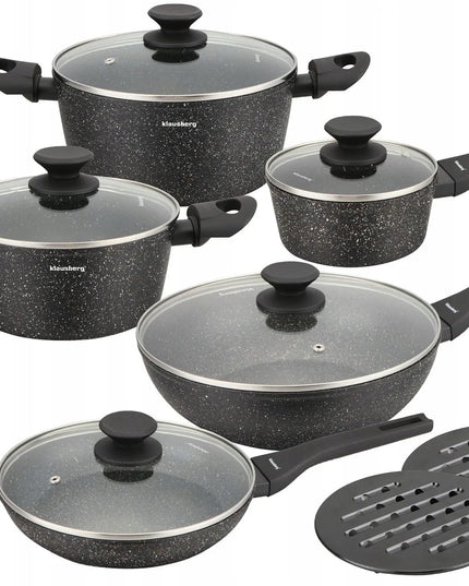12 dalių KLAUSBERG KB-7657 puodų ir keptuvių rinkinys su marmurine nepridegančia danga