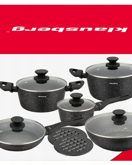 12 dalių KLAUSBERG KB-7657 puodų ir keptuvių rinkinys su marmurine nepridegančia danga