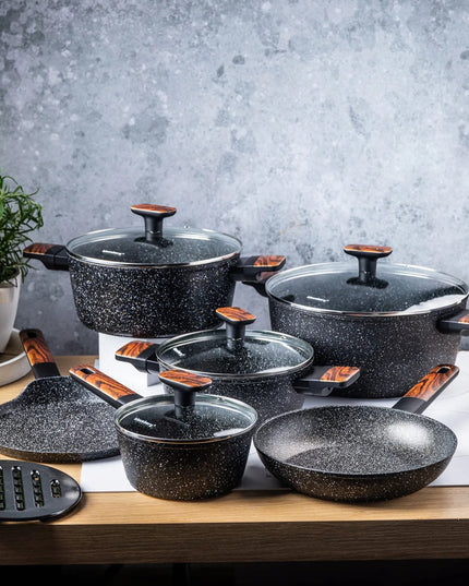 12 dalių KLAUSBERG KB-7831 puodų rinkinys su nepridegančia marmurine danga